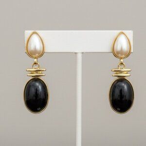 Black Cabochon and Pearl Stud Pierced Earrings
